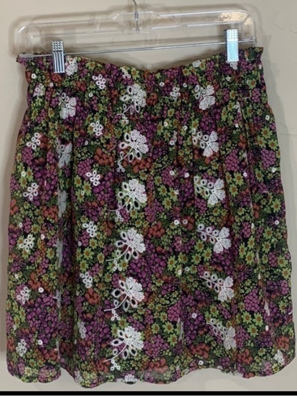 NEW Leyden Embroidered Floral Smocked Mini Skirt Black cream pink green Sz M
